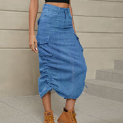 Ruched Denim Midi Skirt