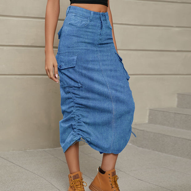 Ruched Denim Midi Skirt