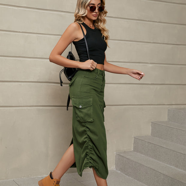 Ruched Denim Midi Skirt