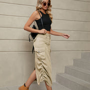 Ruched Denim Midi Skirt