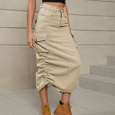 Ruched Denim Midi Skirt