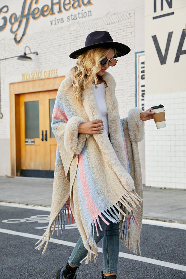 Color Block Fringe Poncho