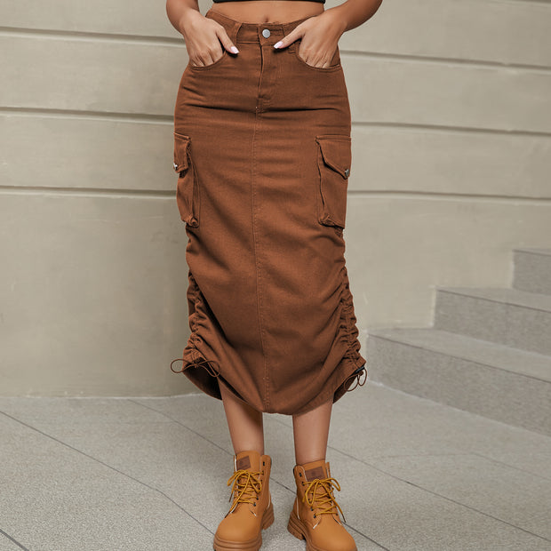 Ruched Denim Midi Skirt