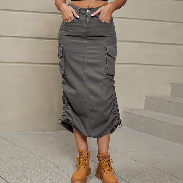 Ruched Denim Midi Skirt