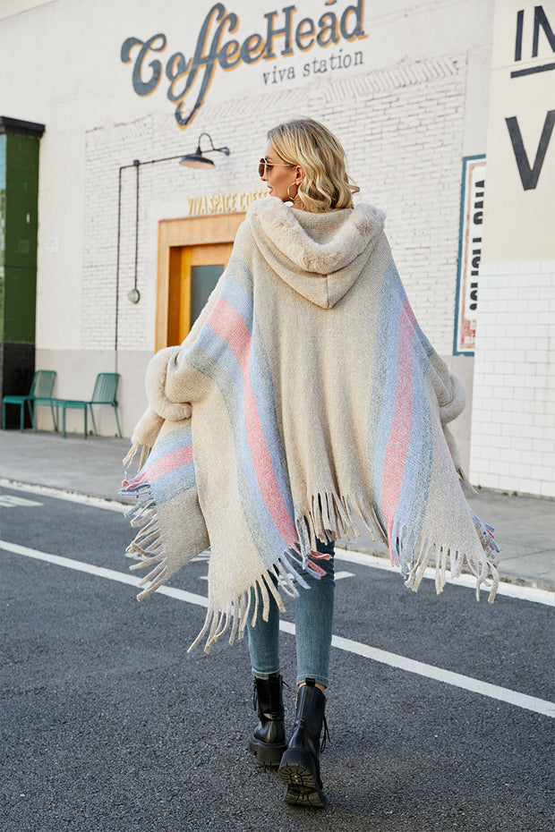 Color Block Fringe Poncho