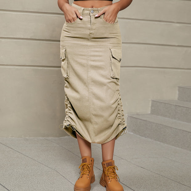 Ruched Denim Midi Skirt
