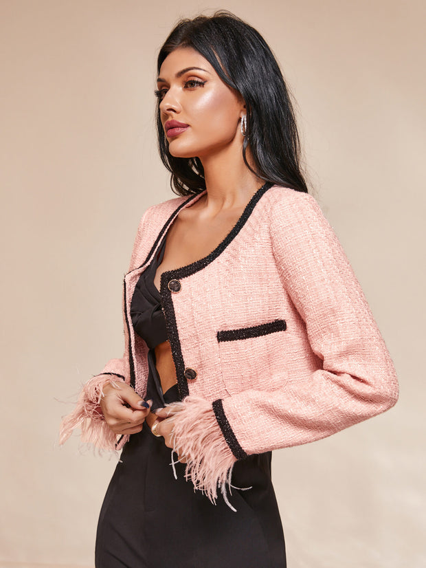 Feather Trim Cropped Jacket