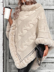 Faux Fur Cable-Knit Poncho