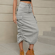 Ruched Denim Midi Skirt