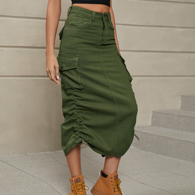 Ruched Denim Midi Skirt